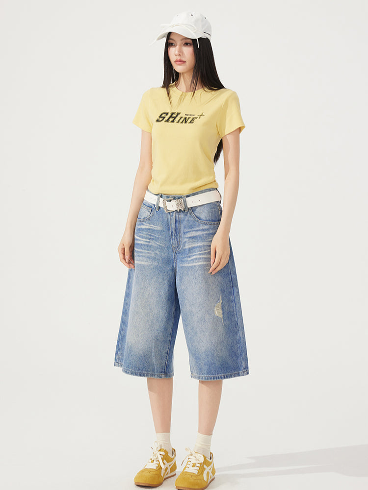 Letter Embroidered High-Elasticity T-Shirt