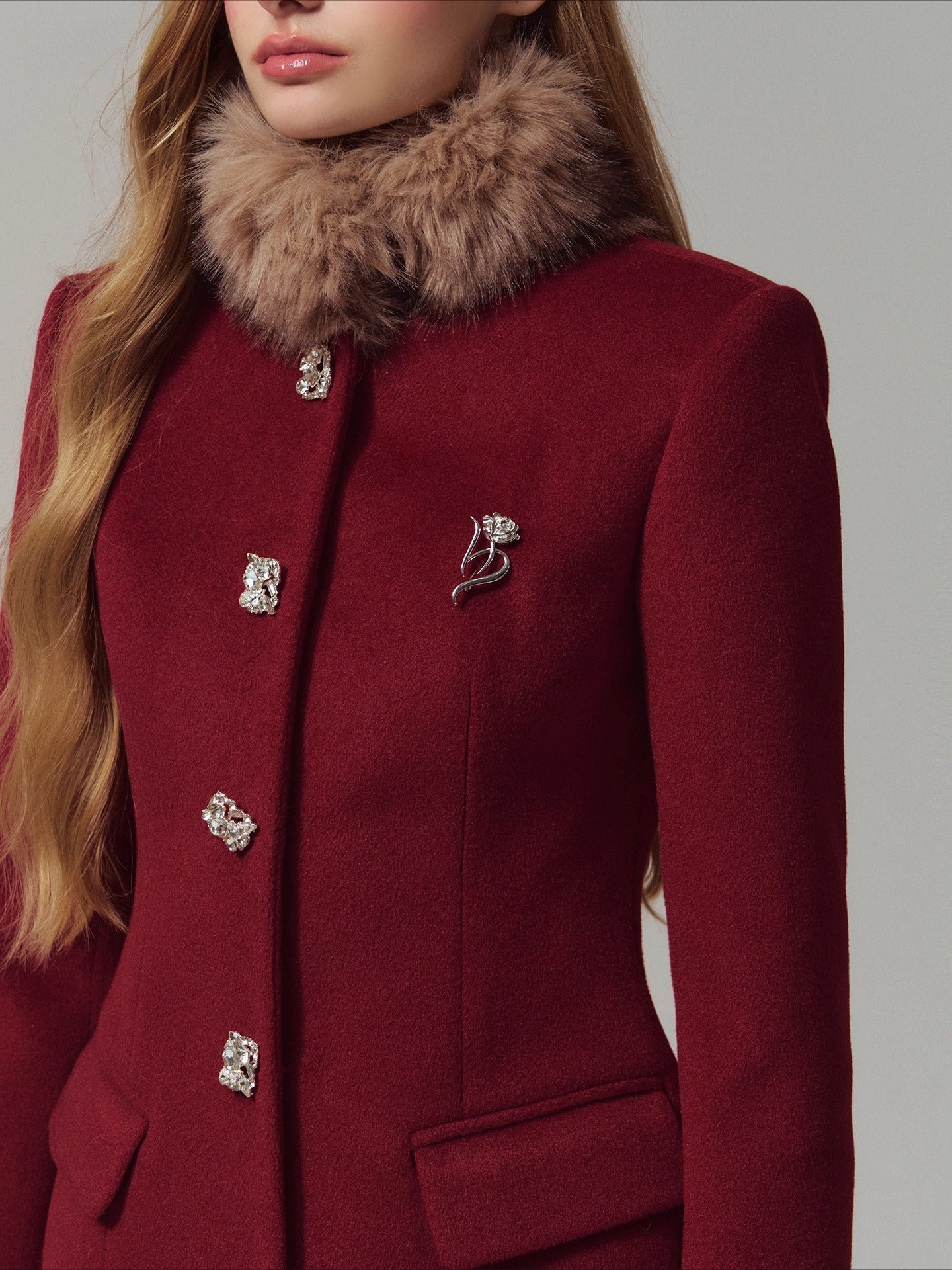 Diamond Detail Waist-Coated Wool Coat & Skirt Set