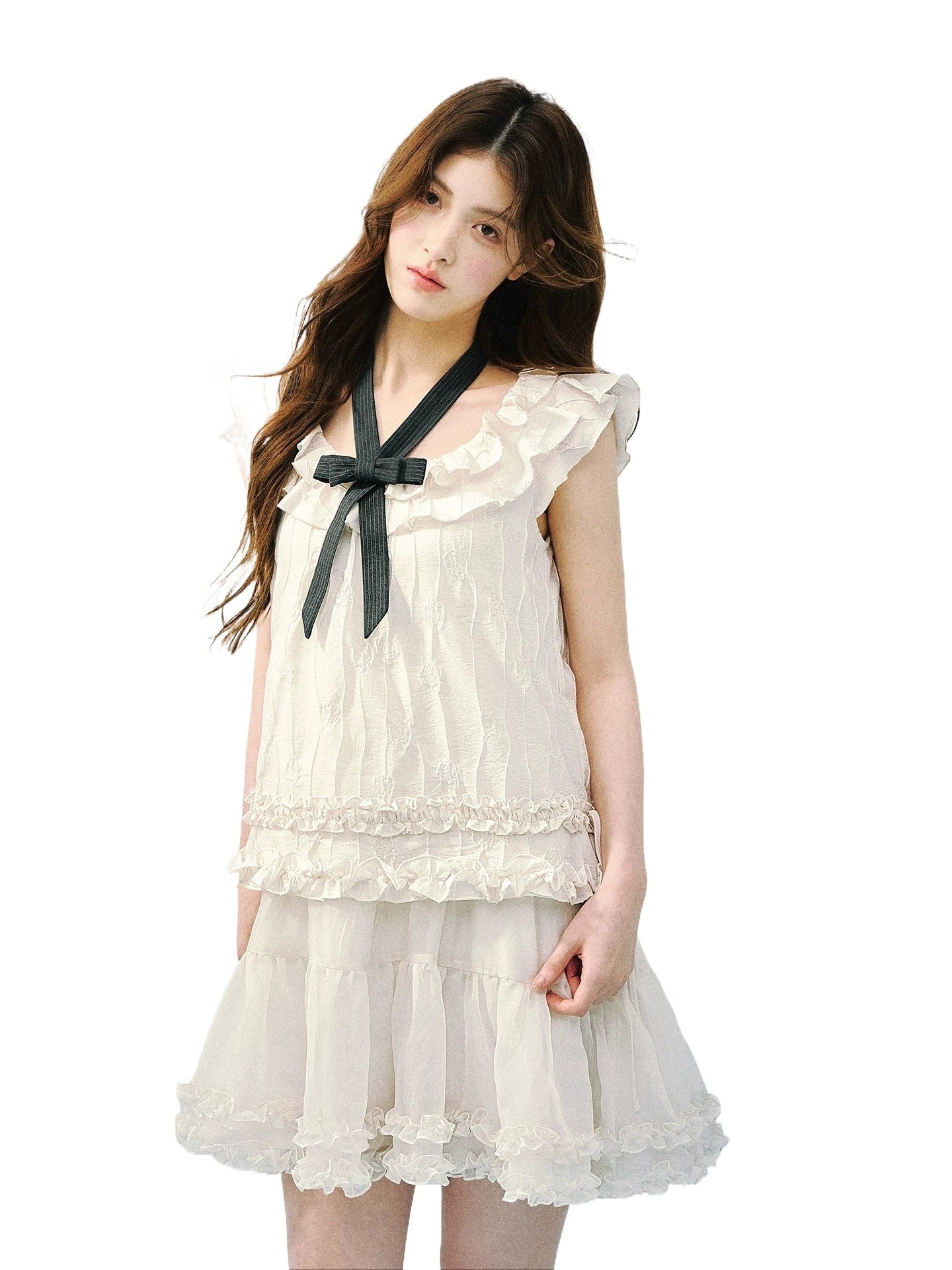 Beige Ruffle Drawstring Dress