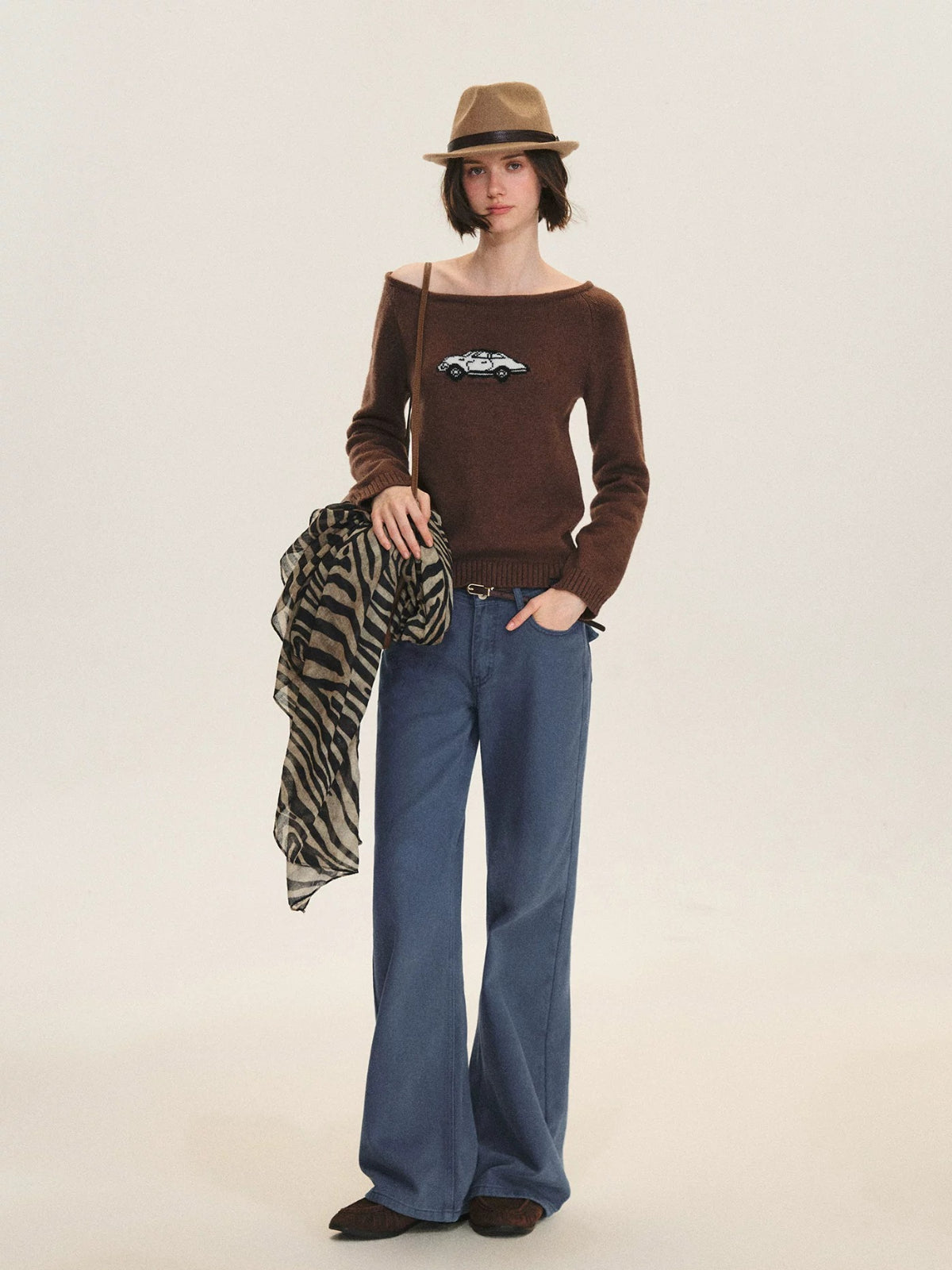 Car Motif Off Shoulder Sweater