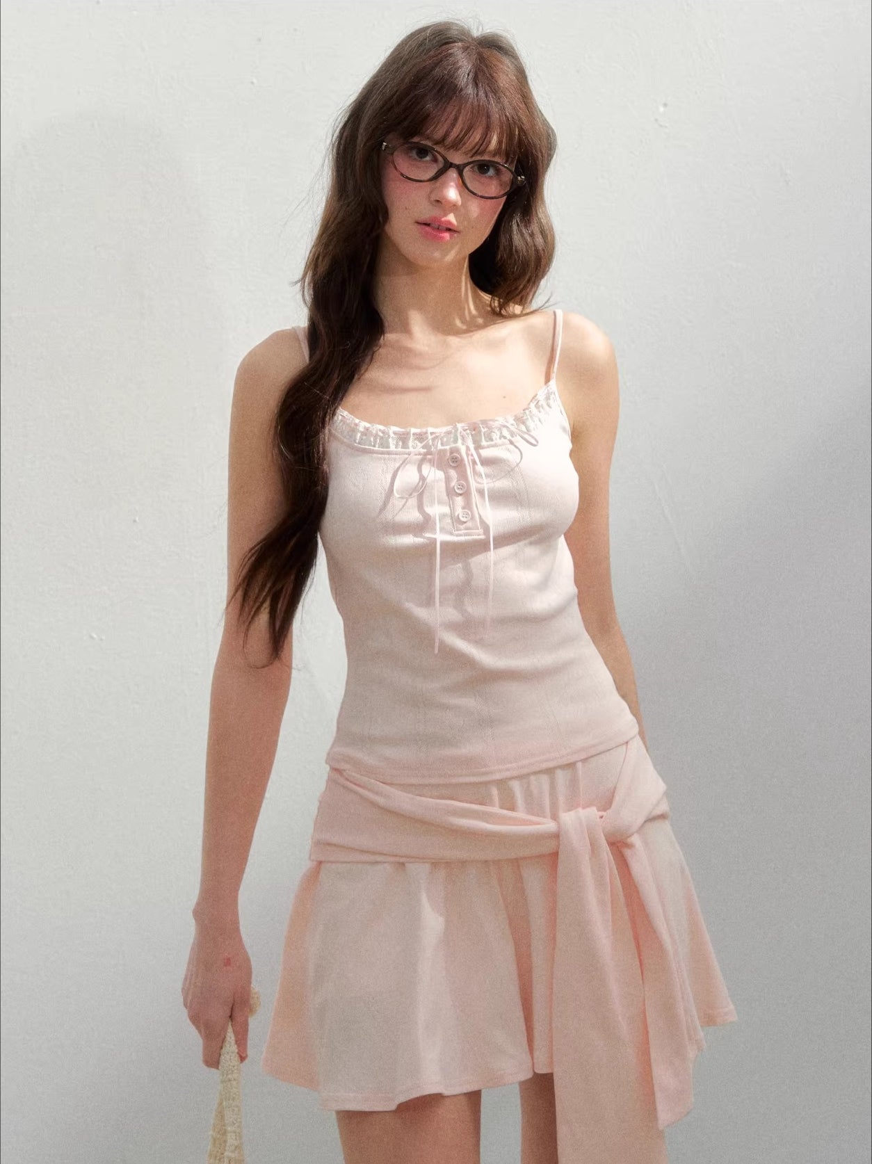 Deep V-neck Blouse & Cami & Skirt Set