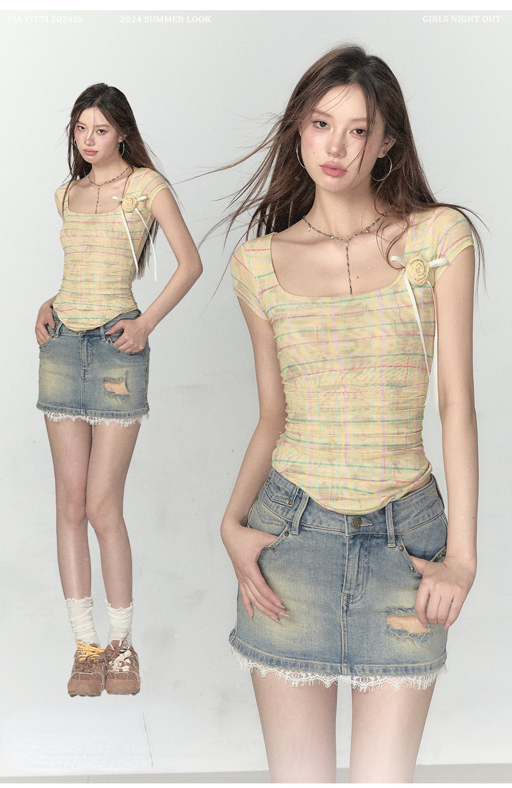 Pink & Yellow & Black Fitted Plaid Square Neck Top