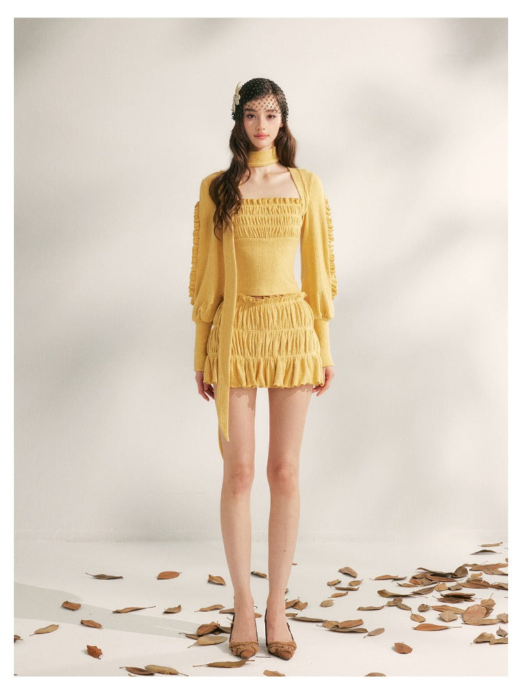 Pleated Ruffle Knit Top & Skirt Set