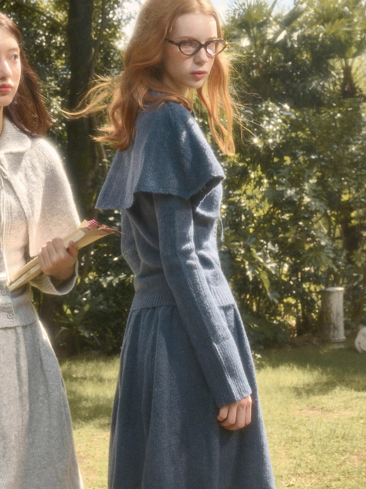 Snow Library Wool Knit Cape Cardigan & Skirt Set