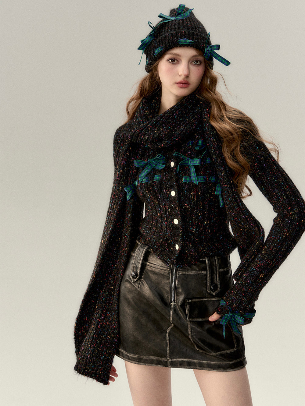 Bowknot Knit Cardigan & Hat & Scarf Set