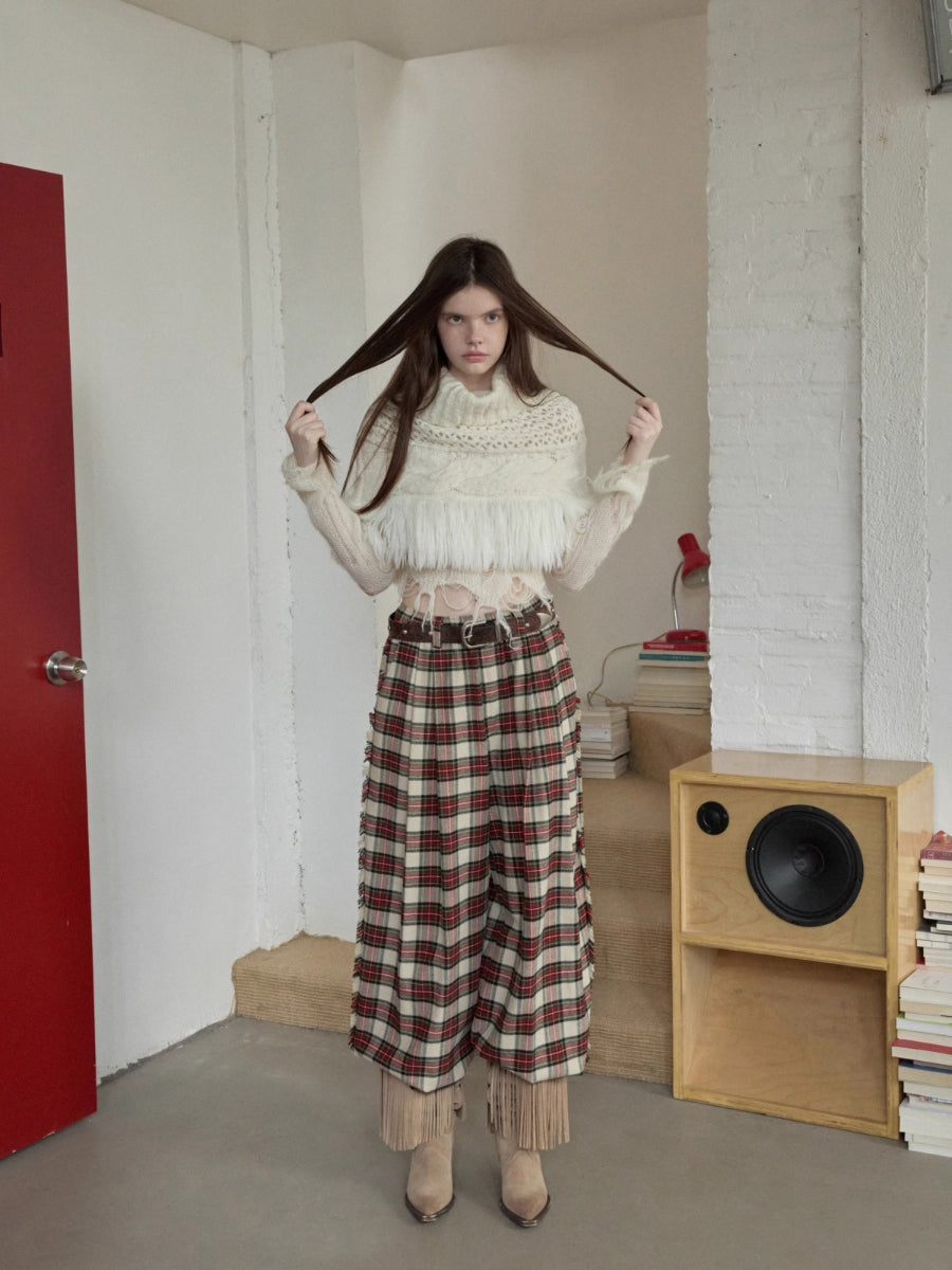 Cable Knit Fringed High-Neck Wool Blend Poncho