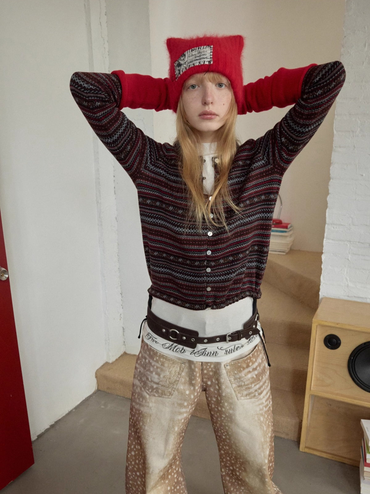 Fair Isle Pony Jacquard Drawstring Knit Cardigan