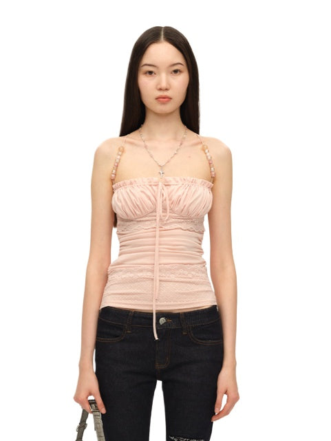 Beaded Strap Lace Splicing Acetate Cami Top