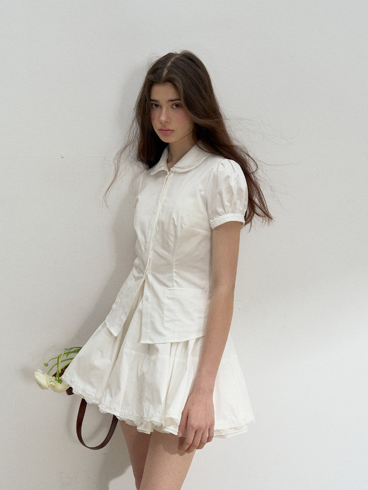 Cotton Lace Embroidered Collar Shirt & Skirt Set