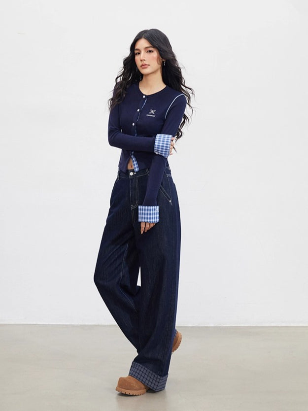 Navy Plaid Embroidered Knit Top