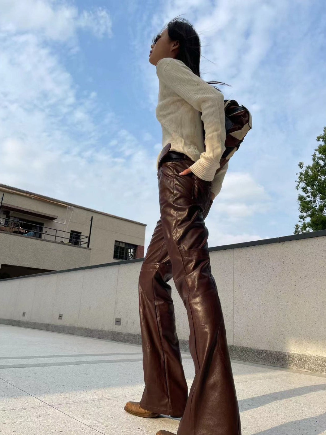 Black & Burgundy Embroidered PU Pants