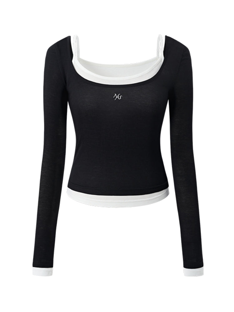 Color-block Two-piece Integrated Strap Layered T-shirt Top