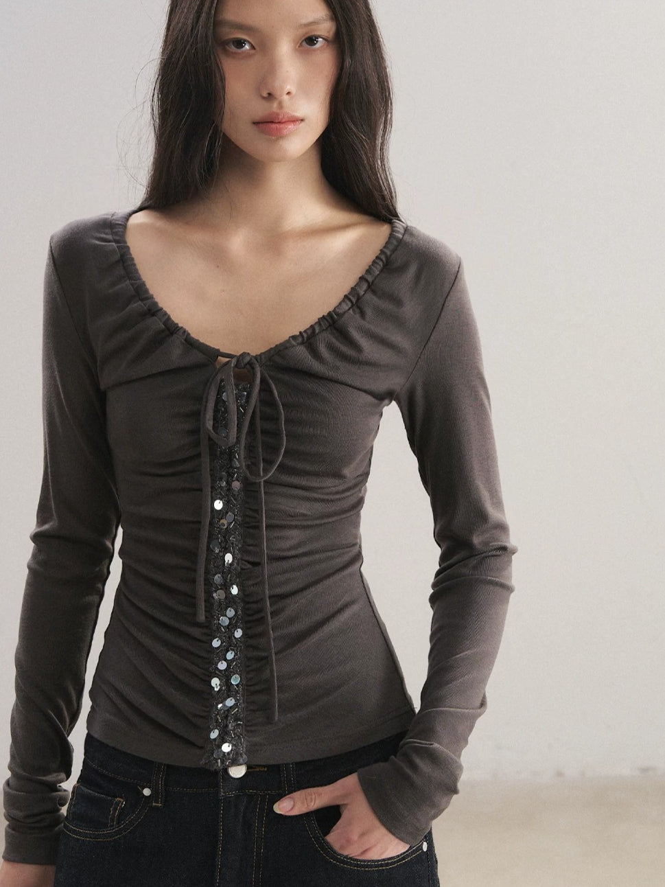 V-Neck Drawstring Sequin Top