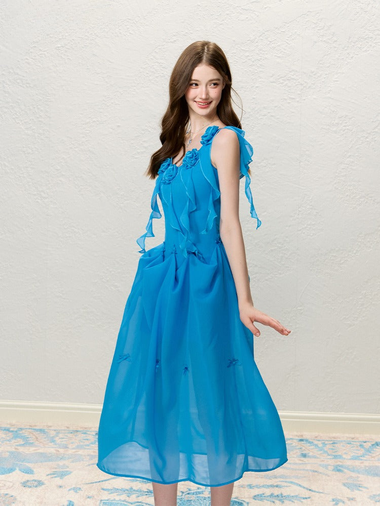 Blue Floral Ruffle Fitted Dress