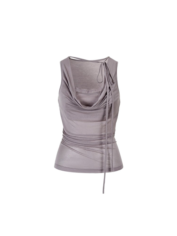 Fake Two-piece Spliced Lace Swing-neck Tank Top