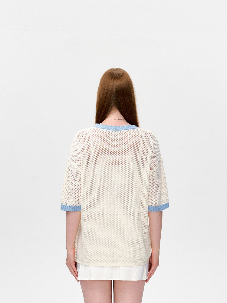 Hollow Color-Blocked Logo Round Neck T-shirt