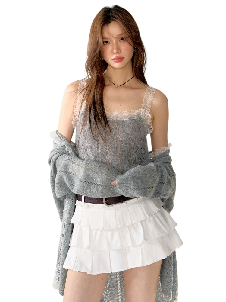 Gray & Purple Lace Trim Tank Top