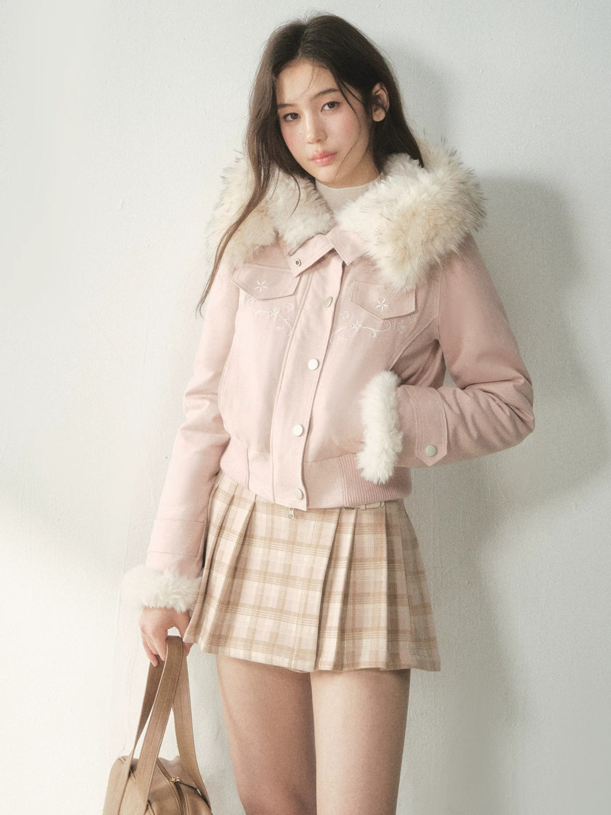 Embroidered Faux Suede Hooded Jacket