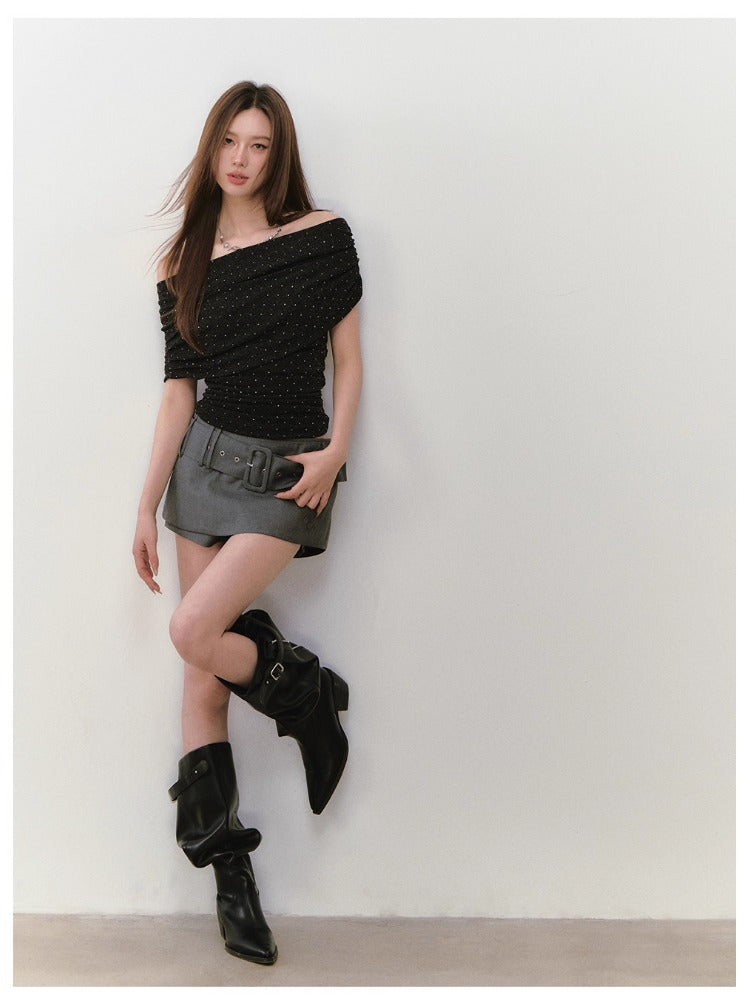 Rhinestone Off-the-Shoulder Pure-Desire Style T-shirt