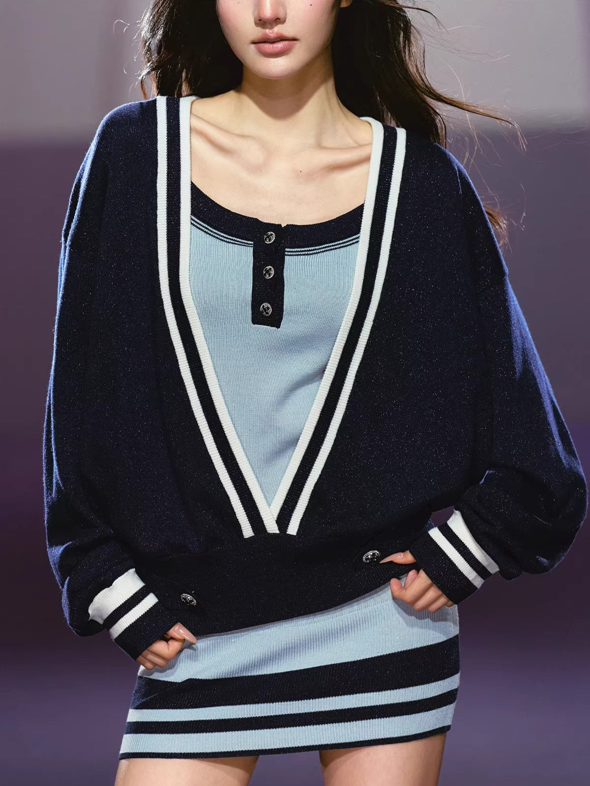 Blue V-Neck Knit Cardigan & Dress Set