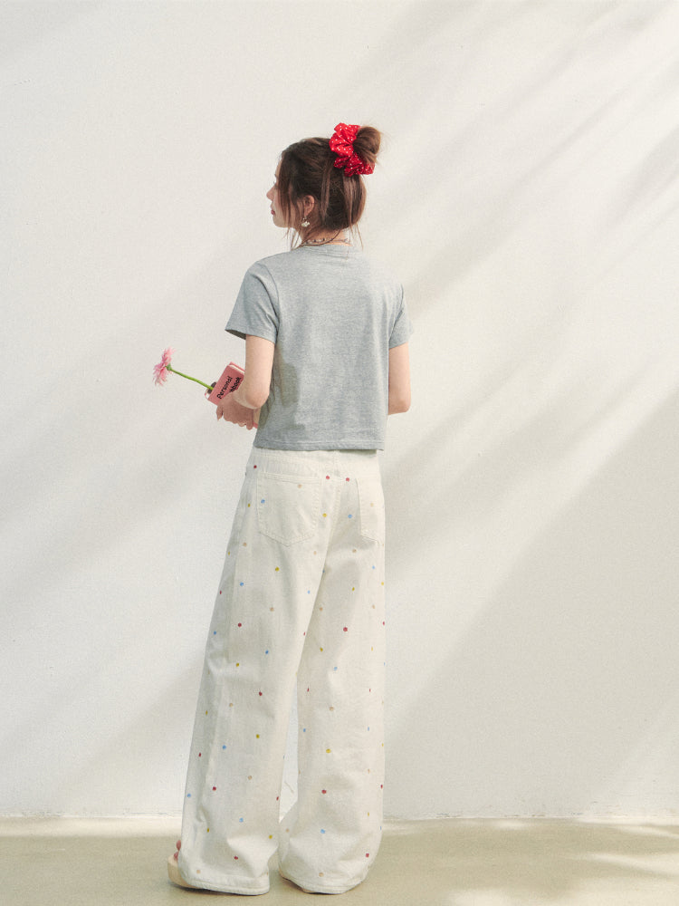 Printed Pearl-Decorated Short-Sleeve T-Shirt