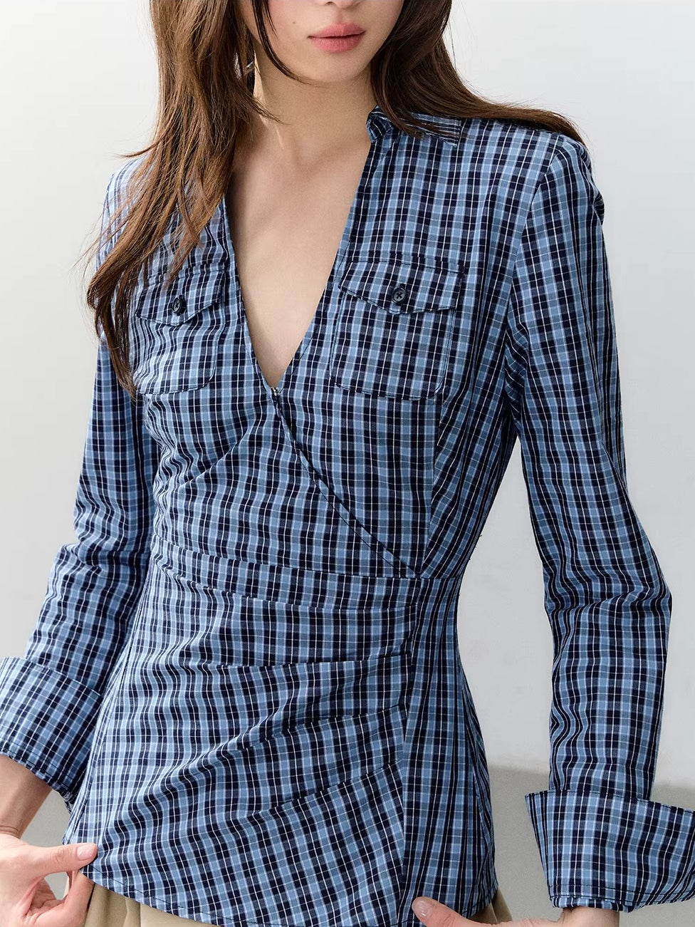 Blue & White V-neck Pocket Shirt