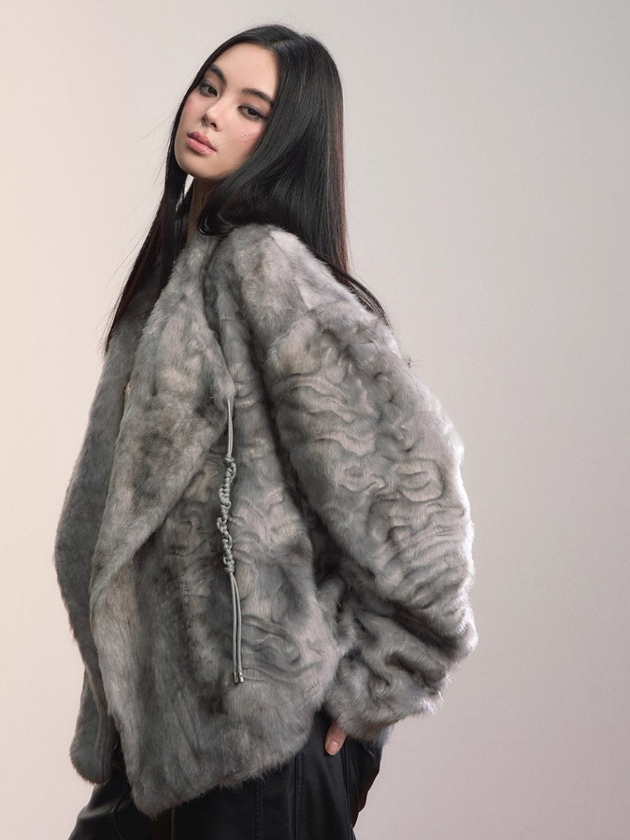 Textured Custom Large Notch Collar Faux Fur Coat