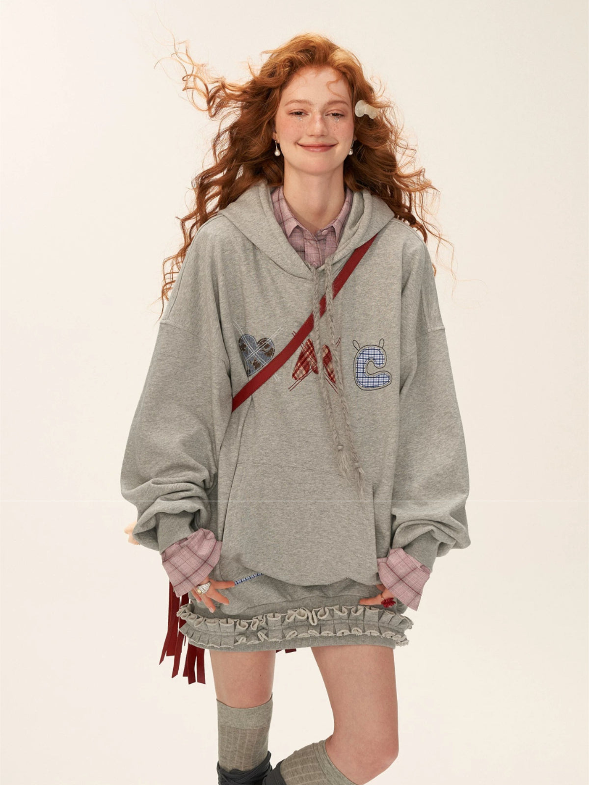 Plaid Embroidered Hooded Sweatshirt Dress