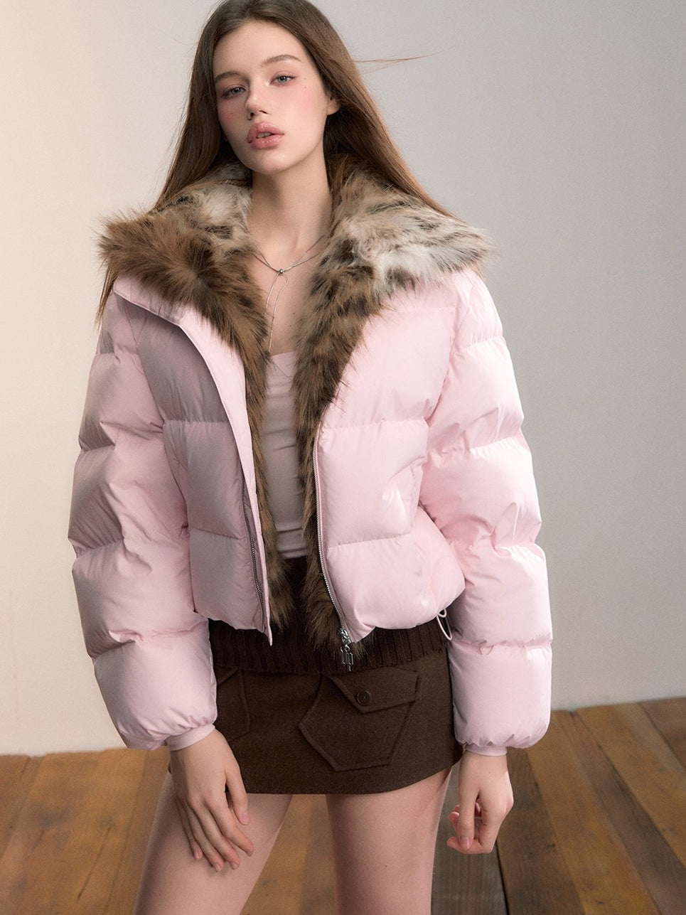 Colorblock Detachable Fur Down Jacket