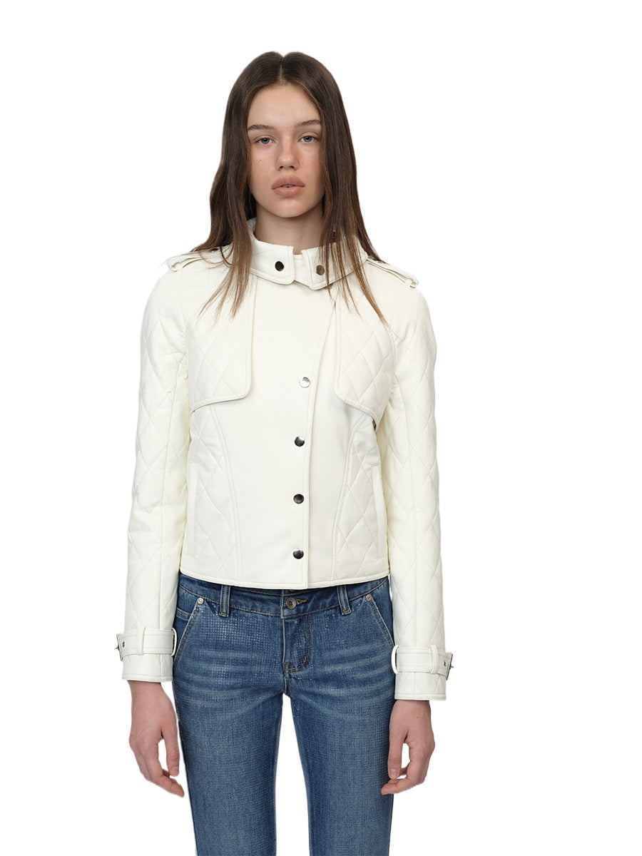 White Paneled Fitted Faux-Leather Jacket