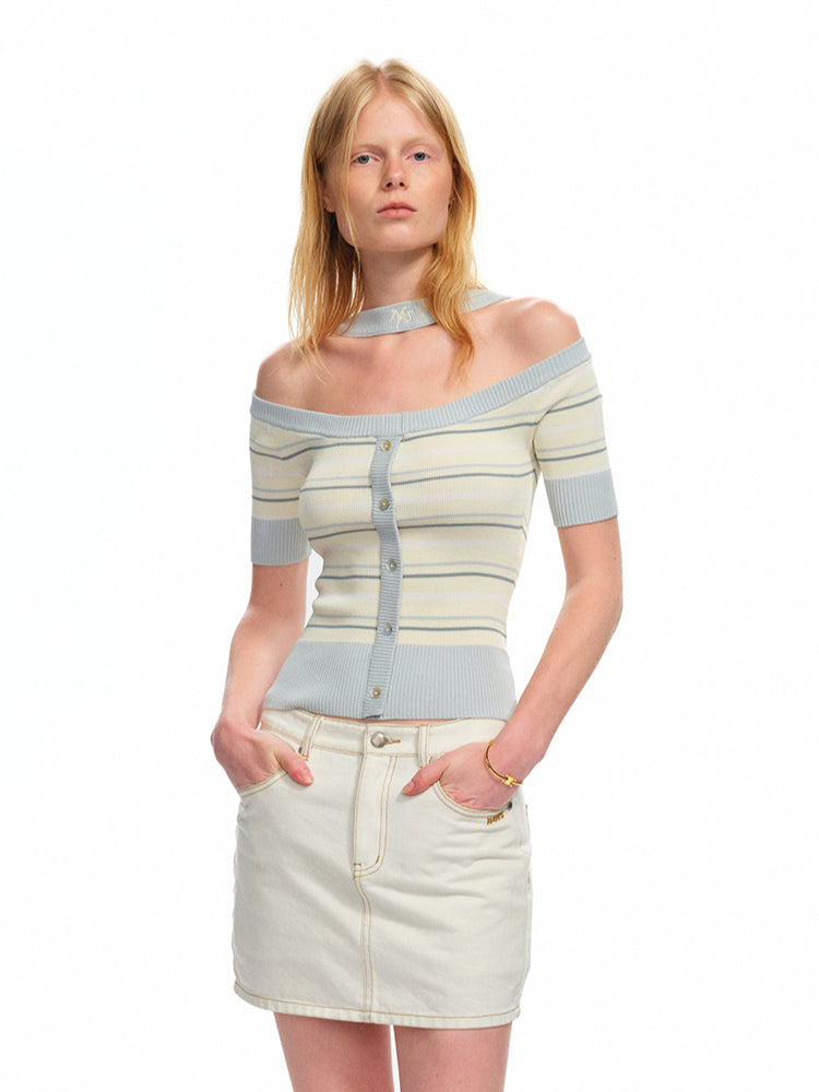 One-Shoulder Halter Neck Color-Block Striped T-shirt