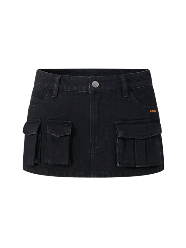 Asymmetrical Low - Rise Straight - Cut Denim Mini Skirt