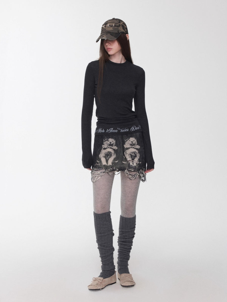 Basic Letter Print Semi-Sheer Long Sleeve Tee