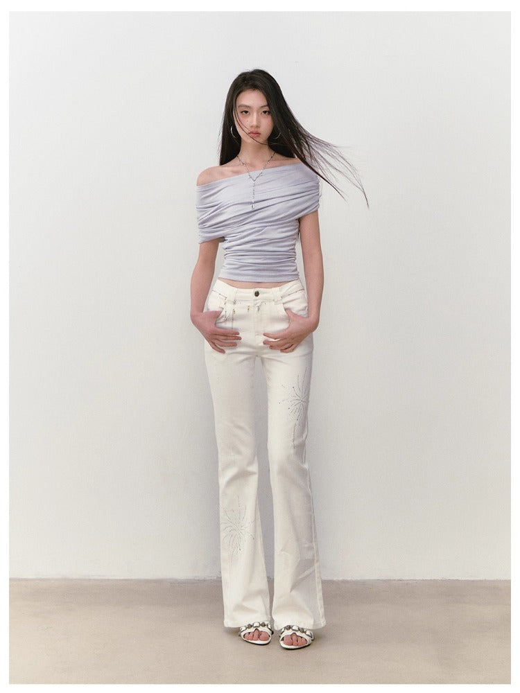 Rhinestone Off-the-Shoulder Pure-Desire Style T-shirt