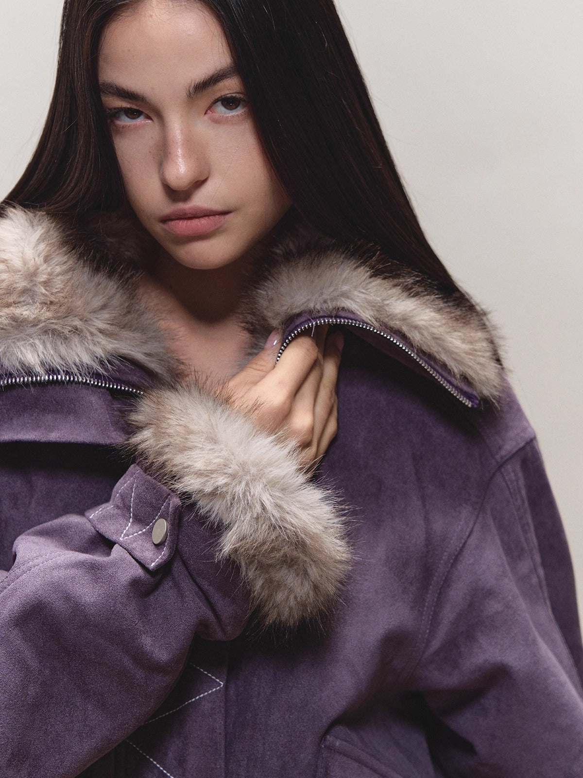 Faux-Suede Fur-Collar Quilted Parka