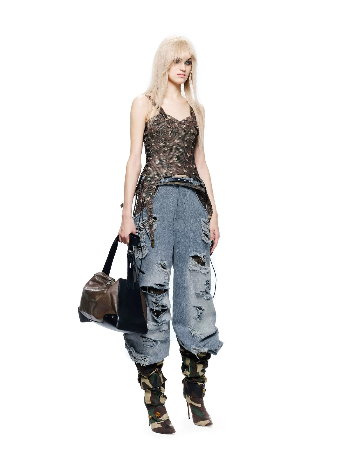 Distressed Patchwork Wide Leg Jeans