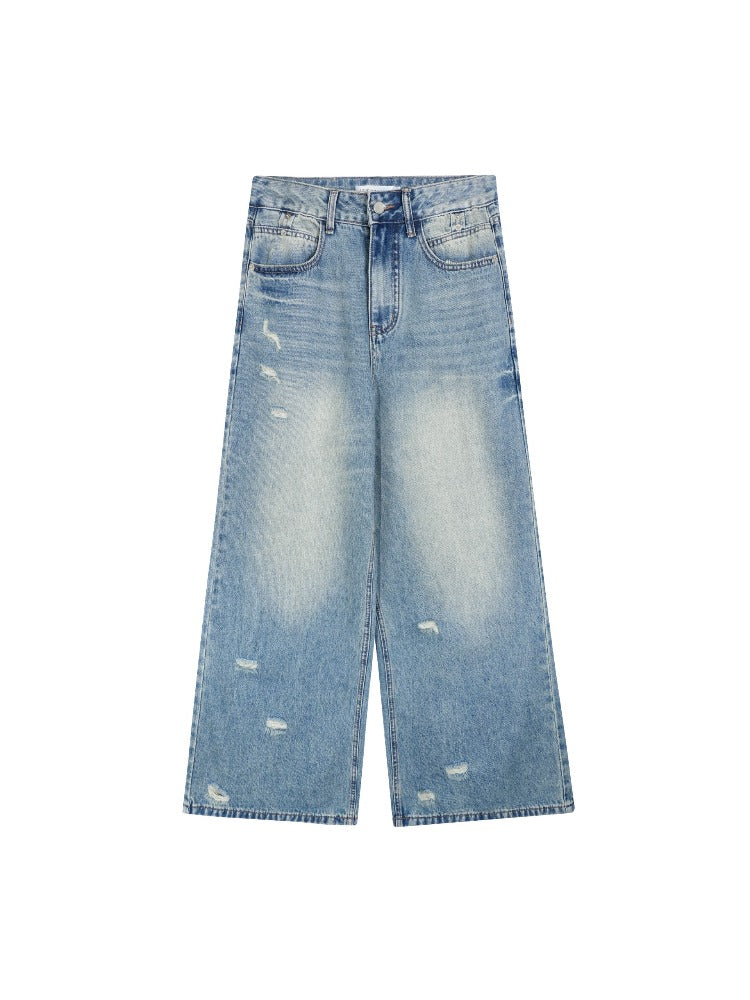Washed Distressed Wide-Leg Jeans