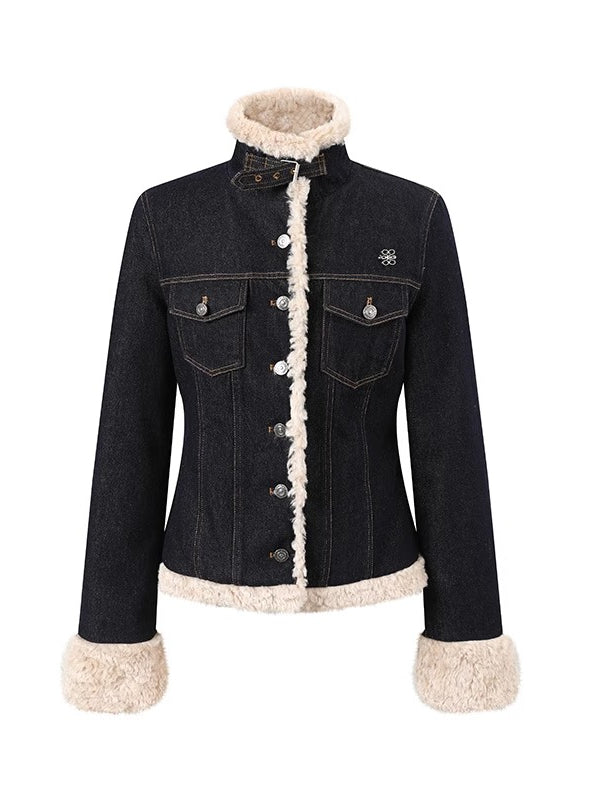 Denim Panel Fur-Trim Down Jacket