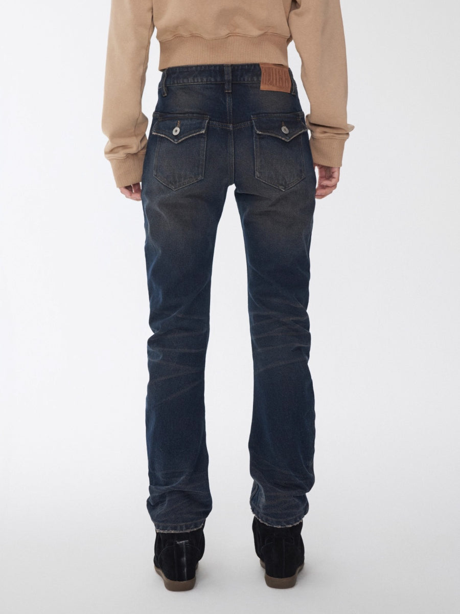 Vintage Pleated Washed Denim Curved Jeans