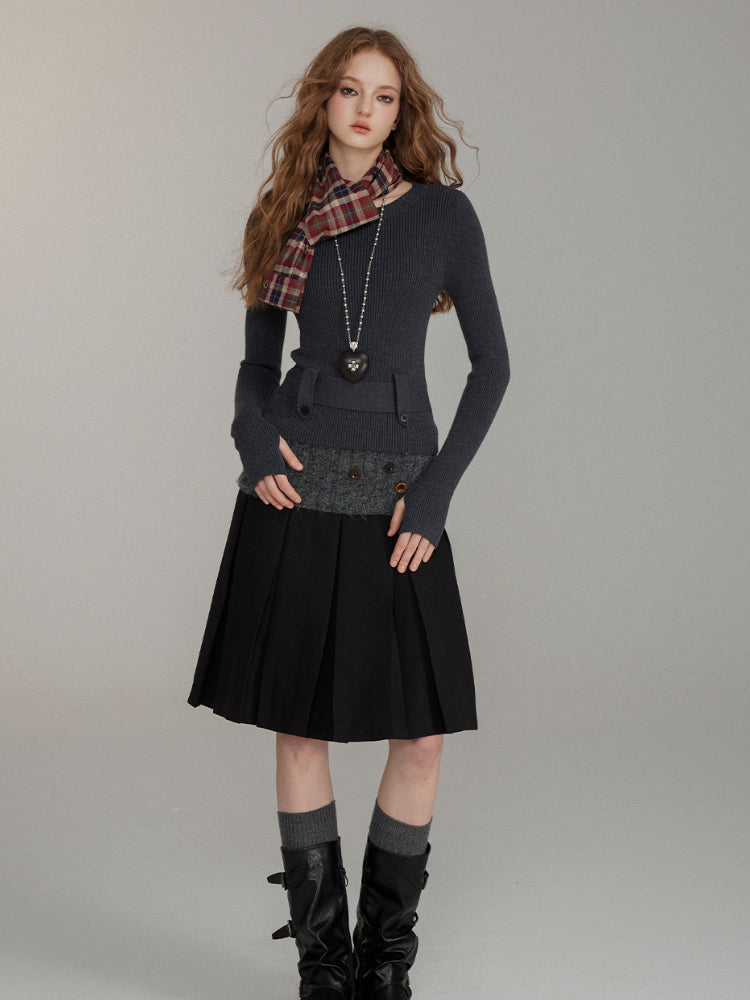 Patchwork Button Wool Pleated Skirt