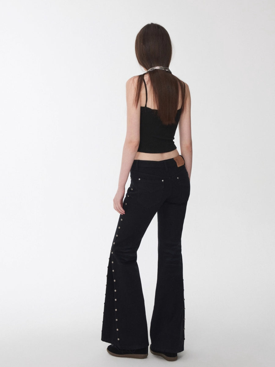 Studded Flared Denim Whisker Detailing Jeans