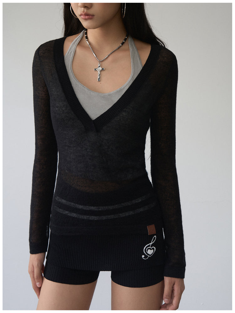 Fake Two-Piece Halter V-Neck Knit Sweater