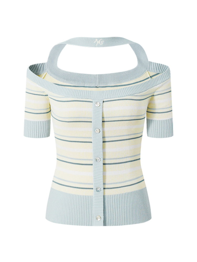 One-Shoulder Halter Neck Color-Block Striped T-shirt