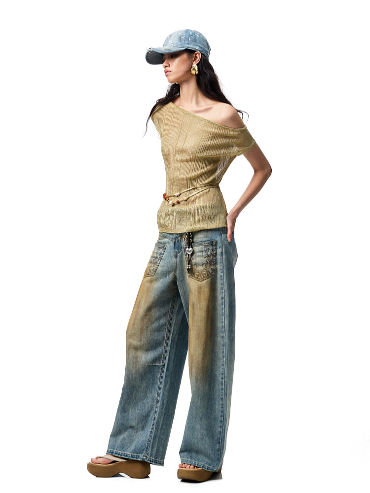 Asymmetric Shoulder Knit Short Sleeve T-shirt