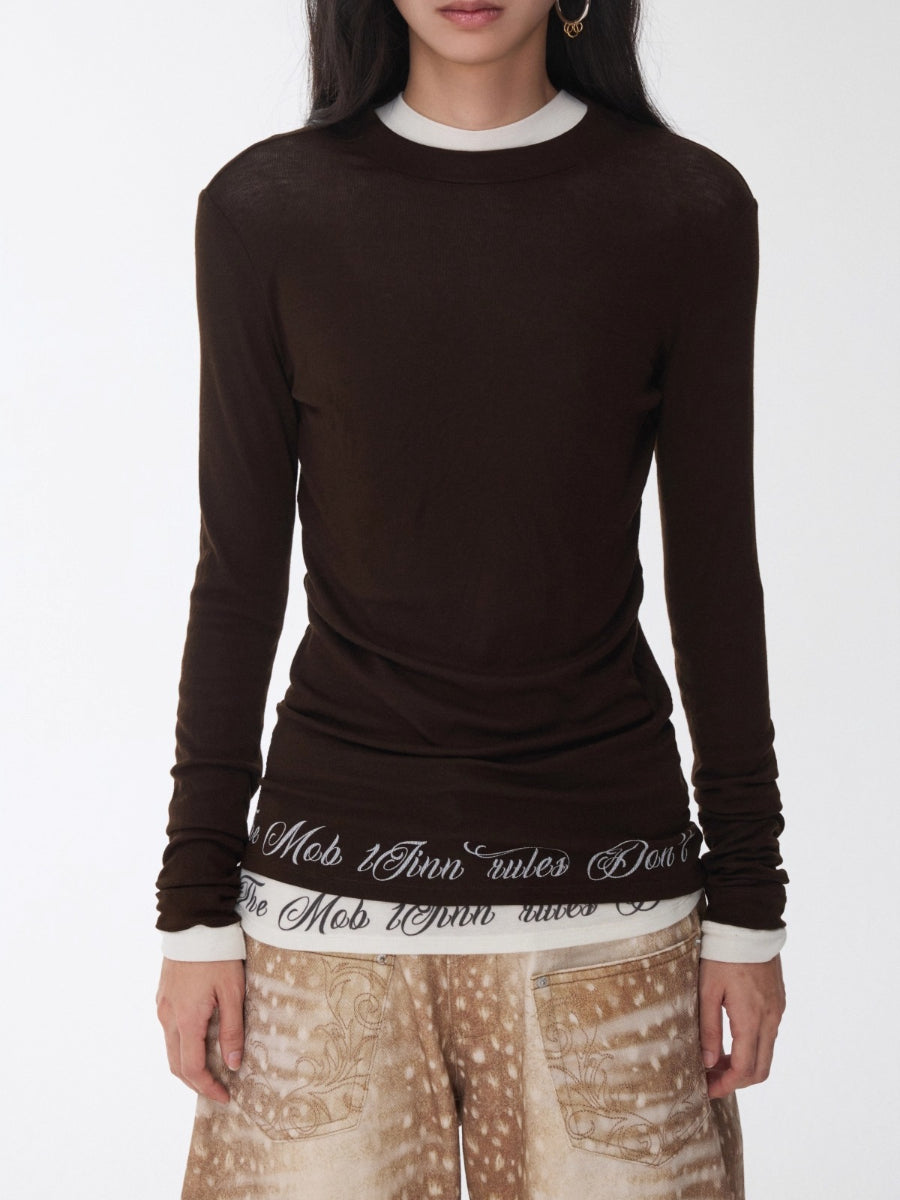 Basic Letter Print Semi-Sheer Long Sleeve Tee