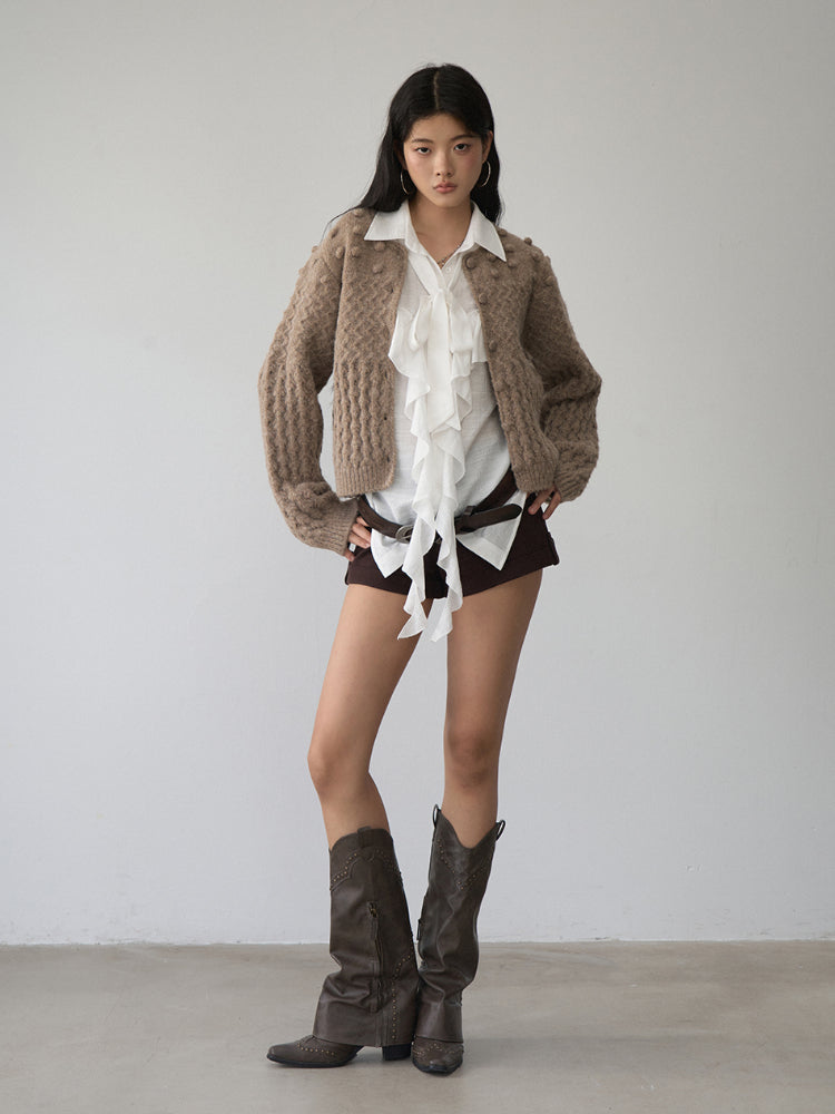 White Ruffled Drawstring Long-Sleeve Shirt