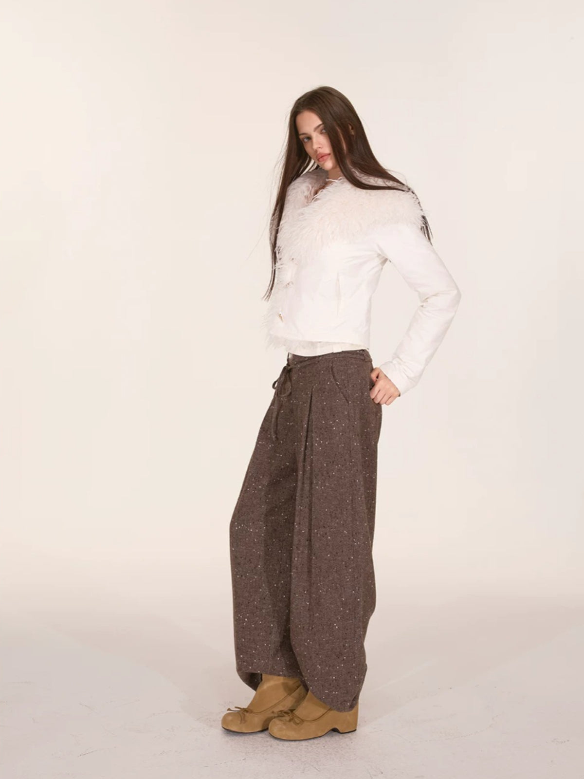 Speckled Wool Blend Wide Leg Pants