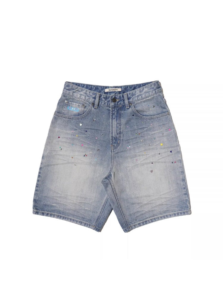Rhinestone Pocket Embroidered Denim Capri Shorts/Long Pants