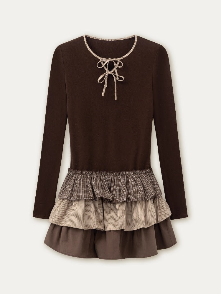 Brown & White Knit Plaid Tiered Dress