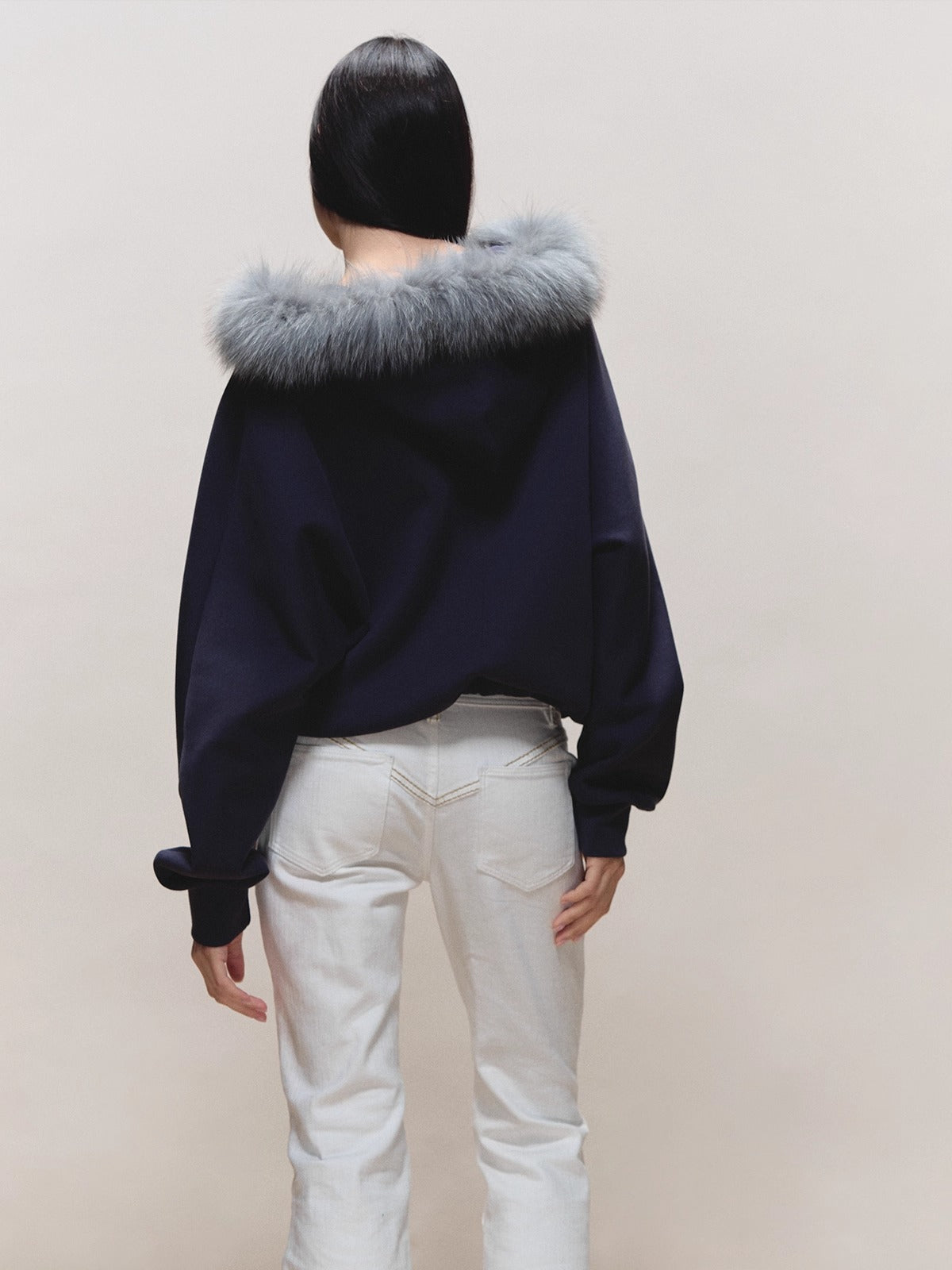 Batwing Hooded Fur-Collar Jacket